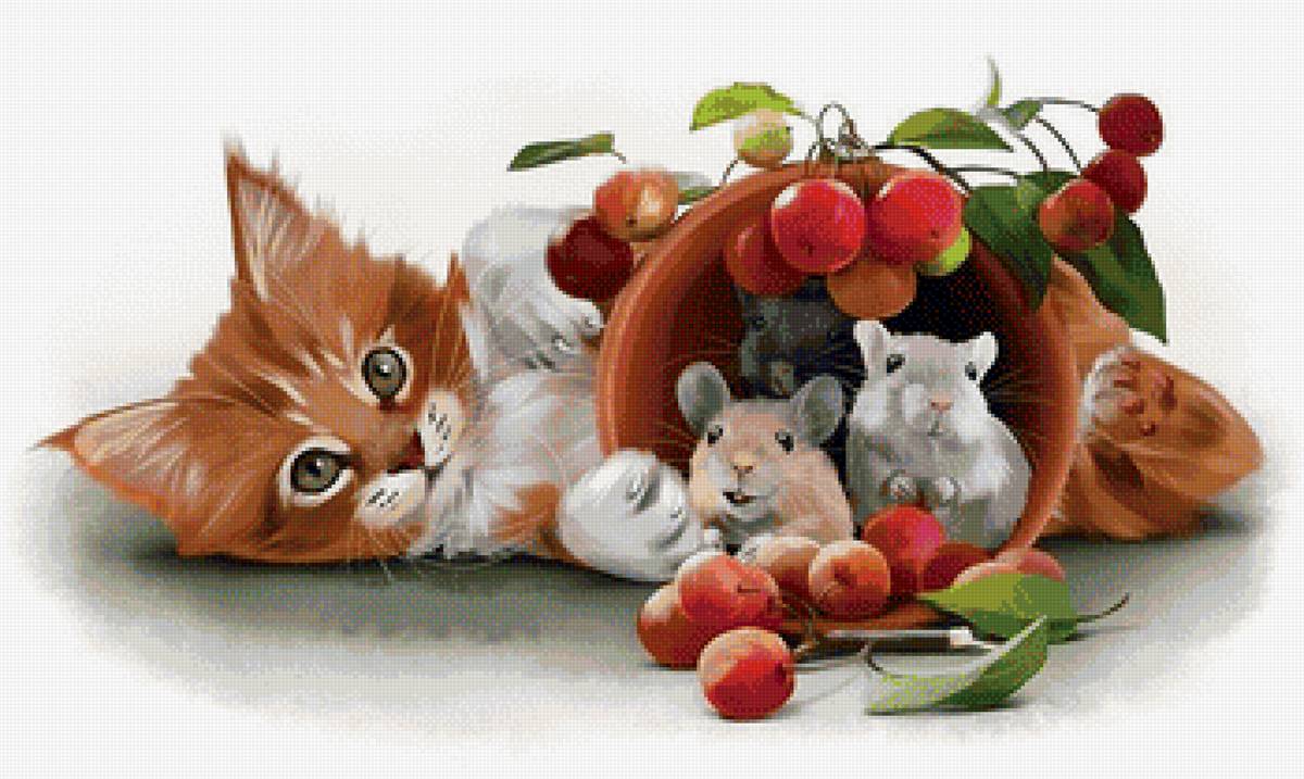 Урожай - кот, рисунок, животные, мышки, котик, фрукты - предпросмотр