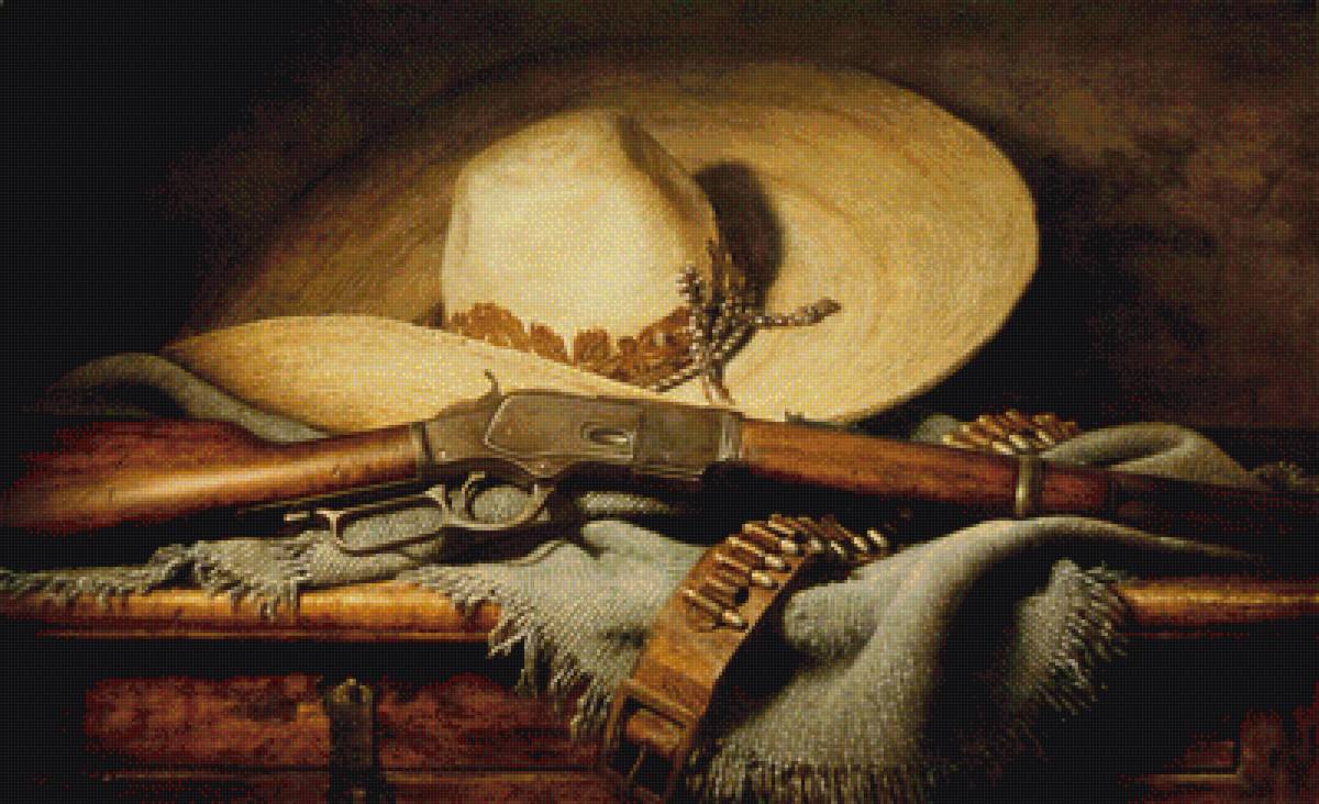 Ковбойский натюрморт - стол, шляпа, ружье - предпросмотр