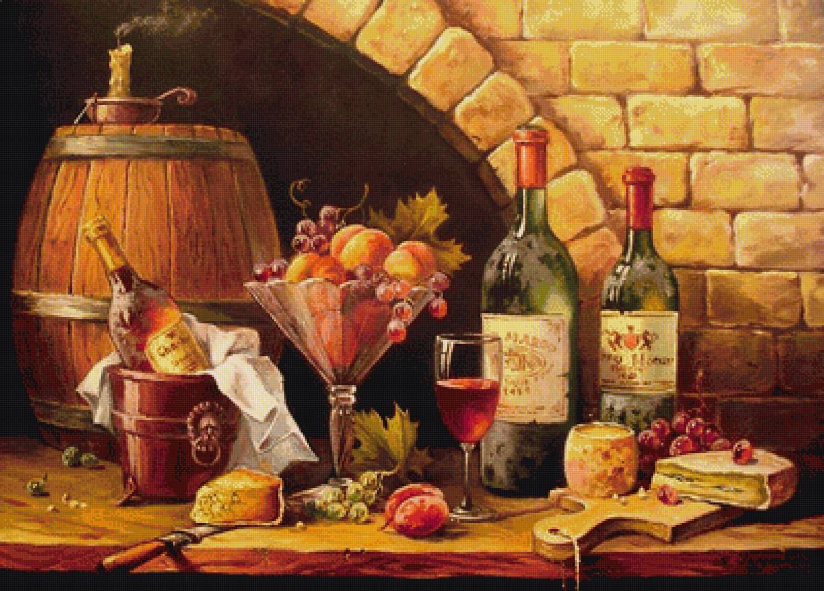 В погребке - сыр, вино, бочка, погребок, фрукты - предпросмотр