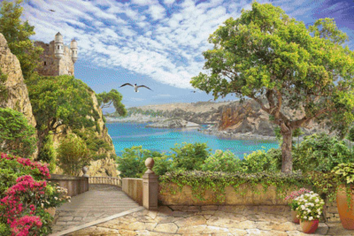 Морской пейзаж - лестница, лето, пейзаж, море, цветы, чайка, природа - предпросмотр