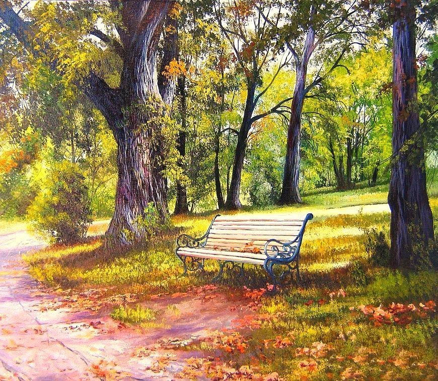 в осеннем парке - парк, осень, скамейка - оригинал