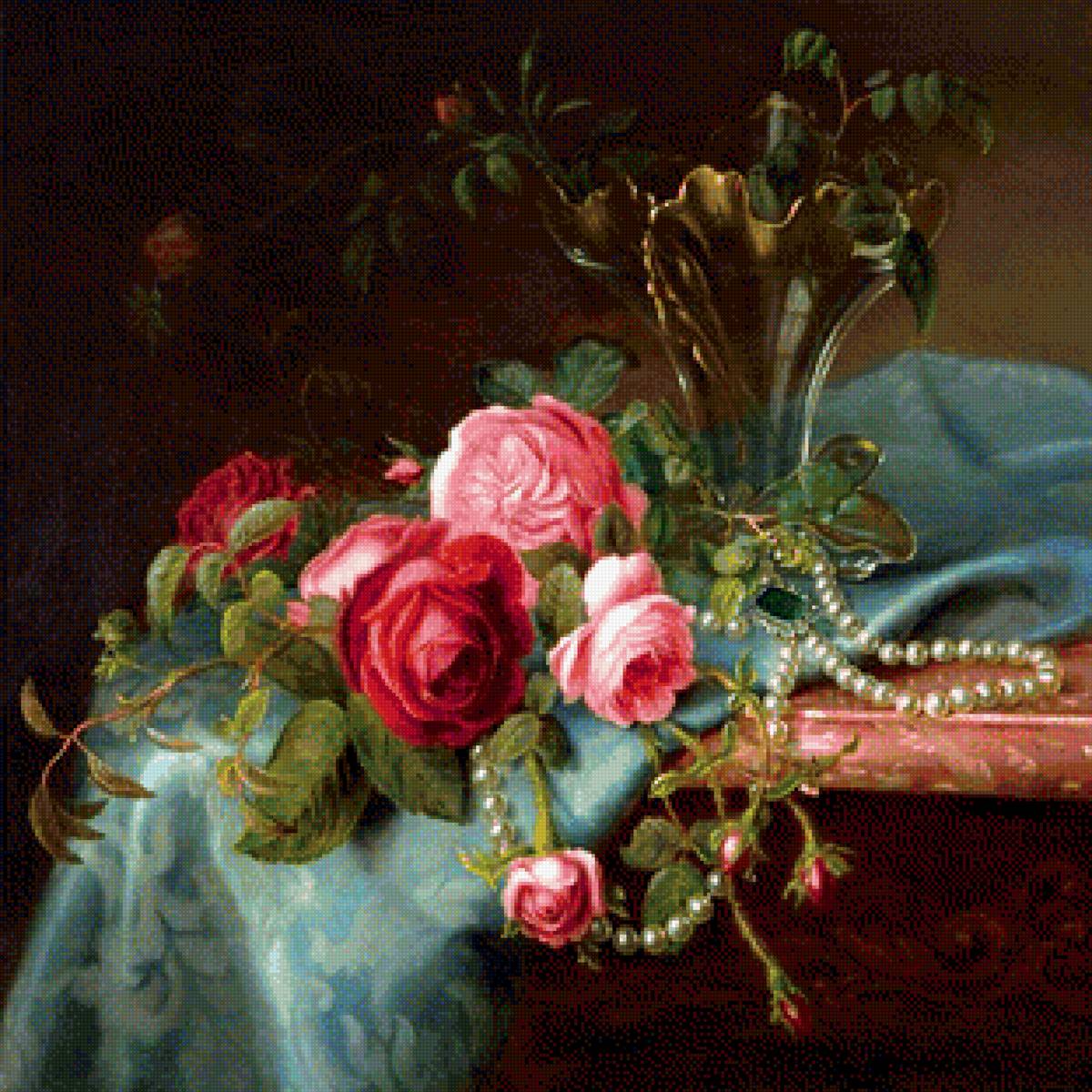 Розы и жемчуг - розы, букет, жемчуг, ваза, цветы - предпросмотр