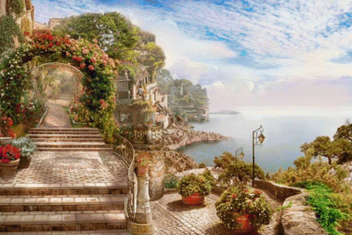 Морской пейзаж - природа, арка, море, пейзаж, лестница, цветы, фонари, лето - предпросмотр