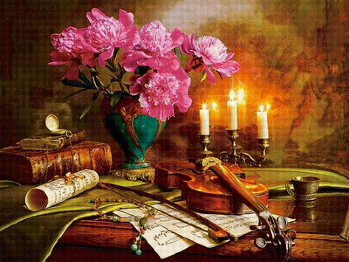 Натюрморт - ноты, натюрморт, пионы, скрипка, цветы, книги, букет, свечи - предпросмотр