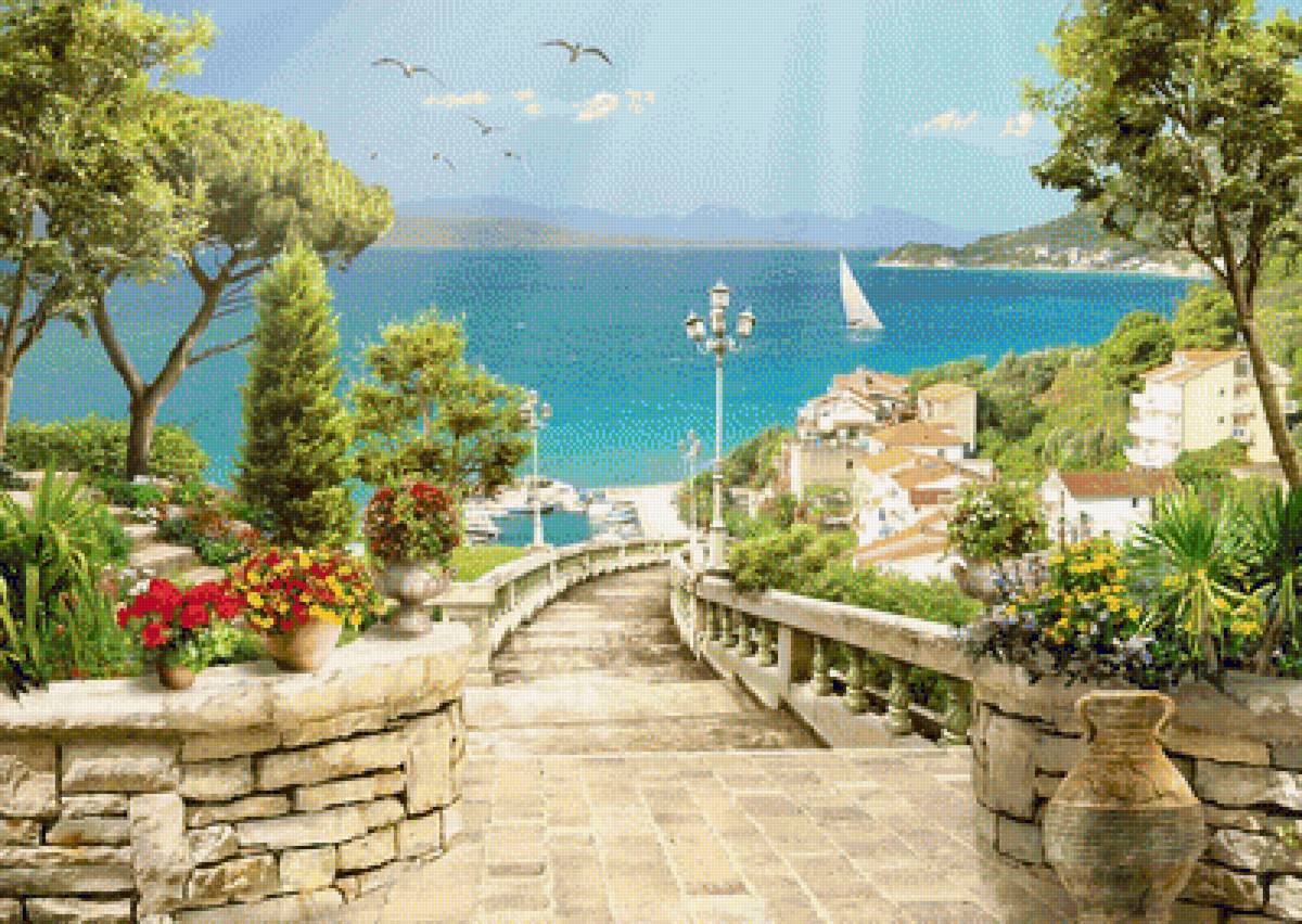 Город у моря - лето, природа, чайки, пейзаж, город, море, цветы, лестница - предпросмотр