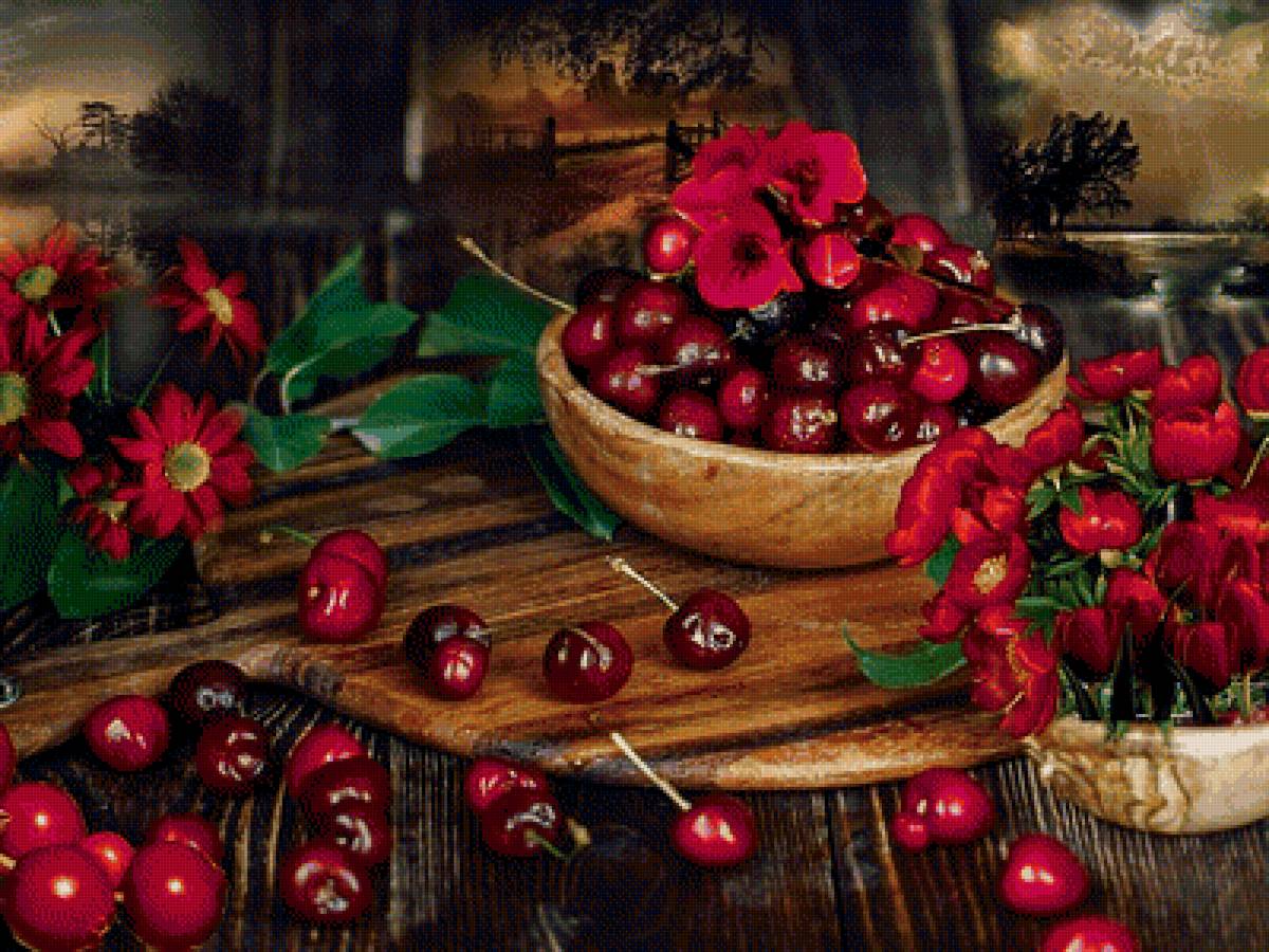 Натюрморт - цветы, фрукты, натюрморт, черешня - предпросмотр