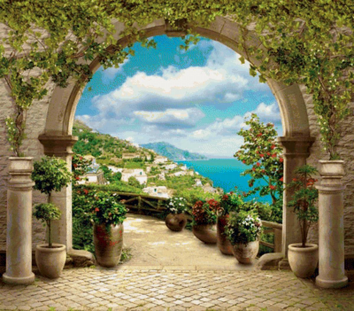 Город у моря - арка, город, море, пейзаж, цветы, лето, природа - предпросмотр