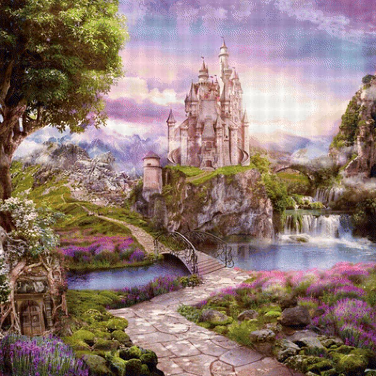 Сказочный замок - горы, замок, пейзаж, река, водопад, природа, мостик - предпросмотр