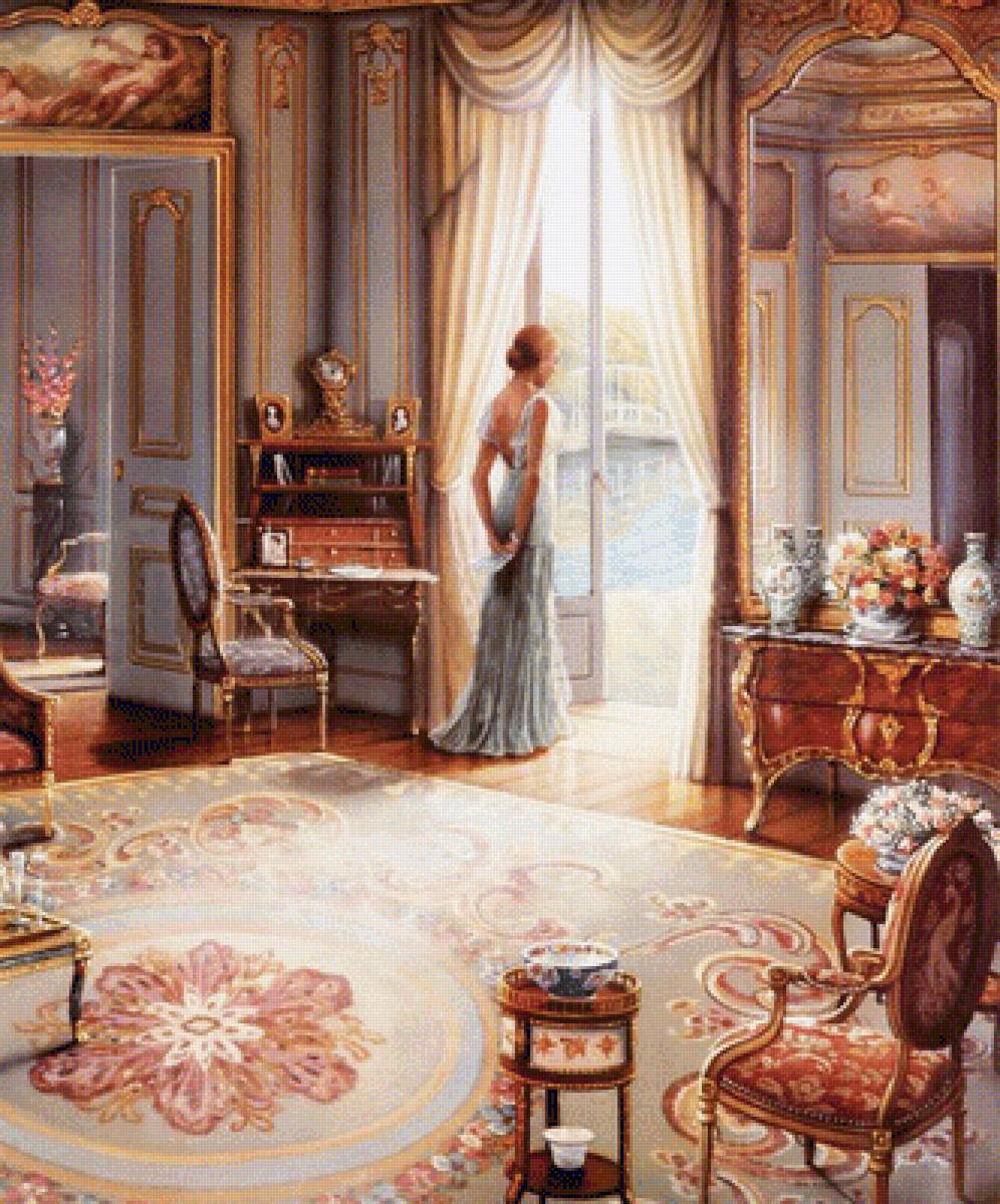 Окно в сад - комната, лето, пруд, дама, гостиная, девушка, вид из окна, сад - предпросмотр