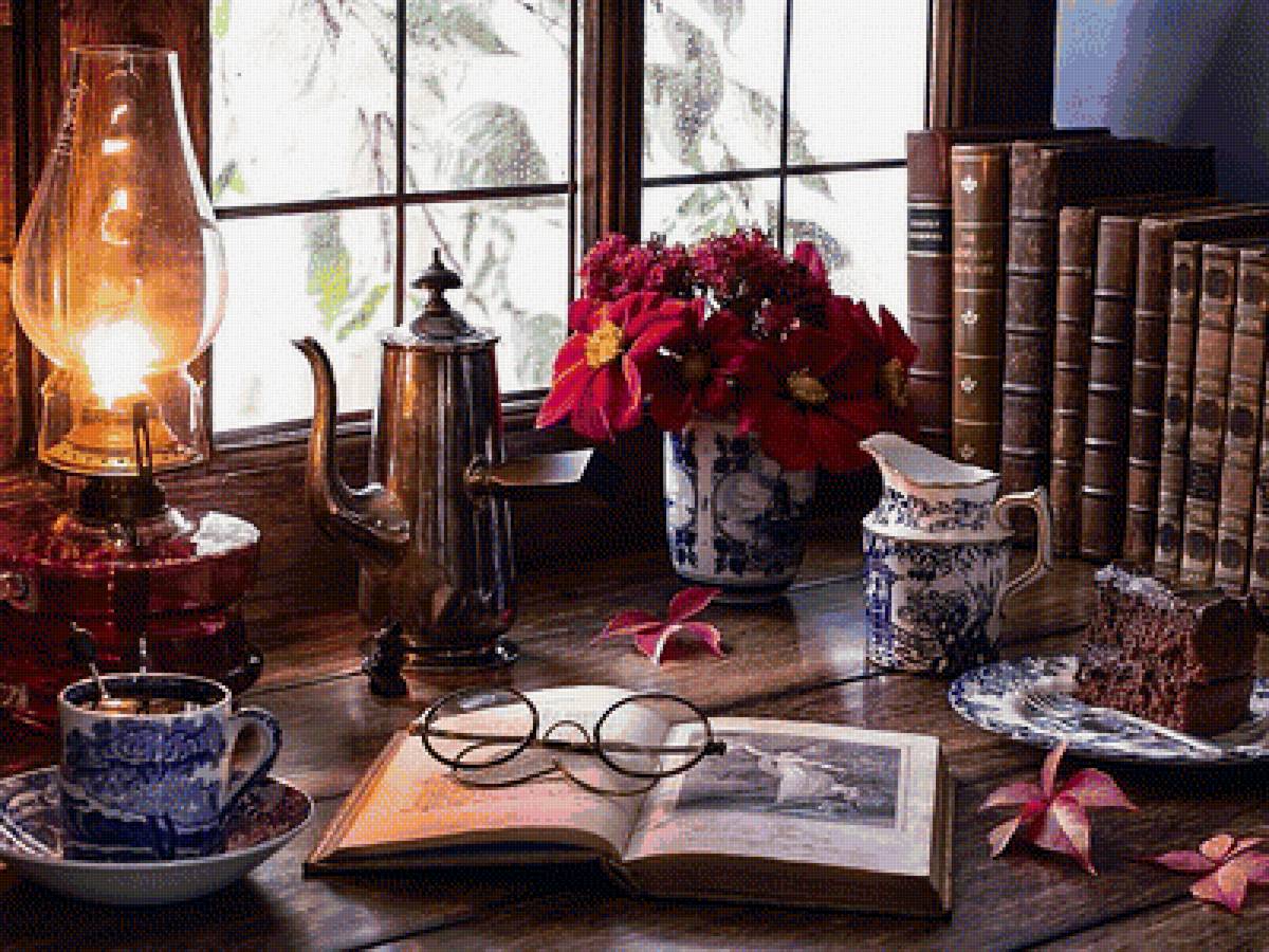 У окна - книги, десерт, очки, цветы, окно, натюрморт, книга - предпросмотр