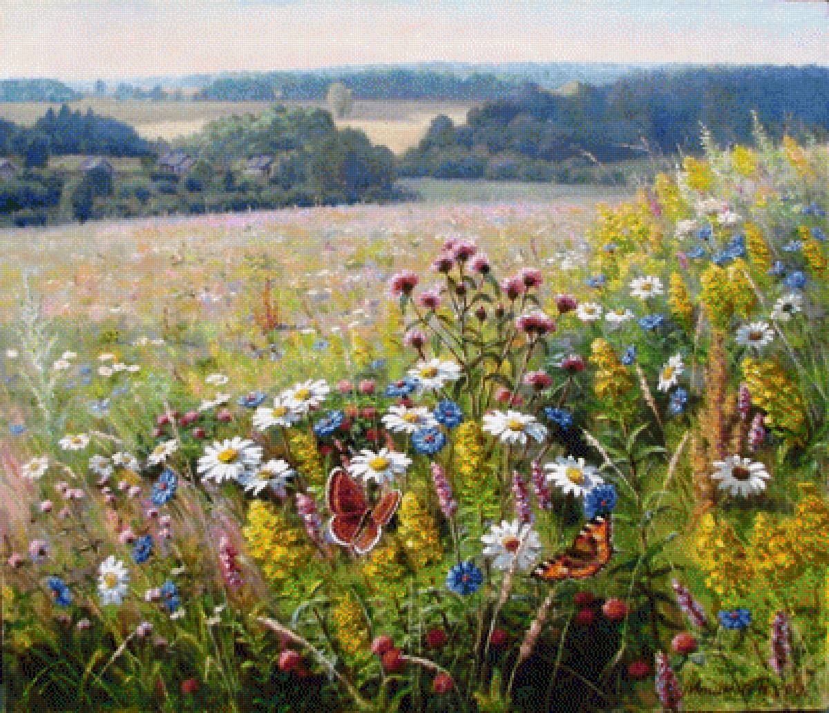 пейзаж - бабочки, поле, пейзаж, цветы - предпросмотр