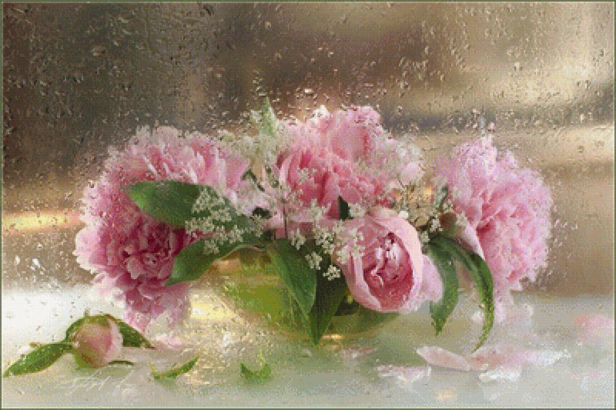 пионы под дождем - цветы, дождь, букет, пионы - предпросмотр