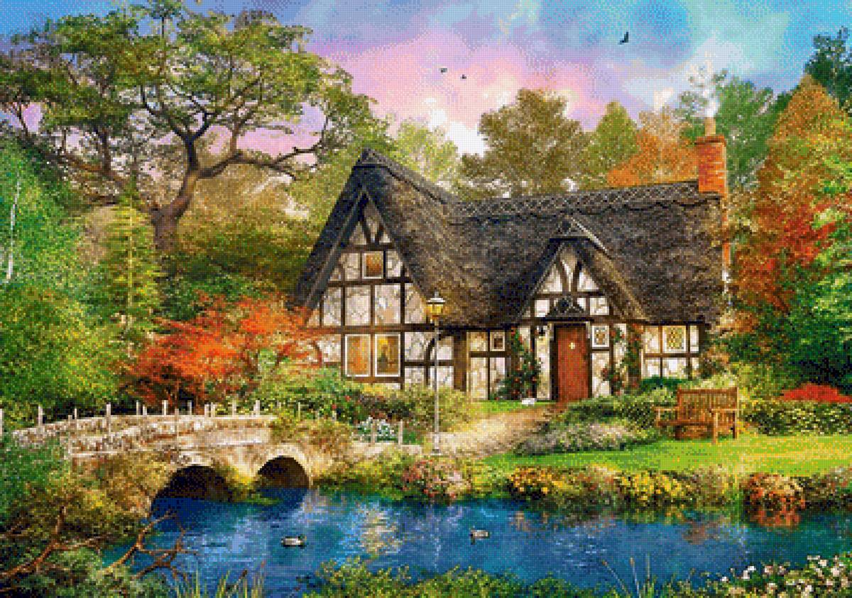 Домик у пруда - мост, пейзаж, домик, природа, дом, пруд - предпросмотр