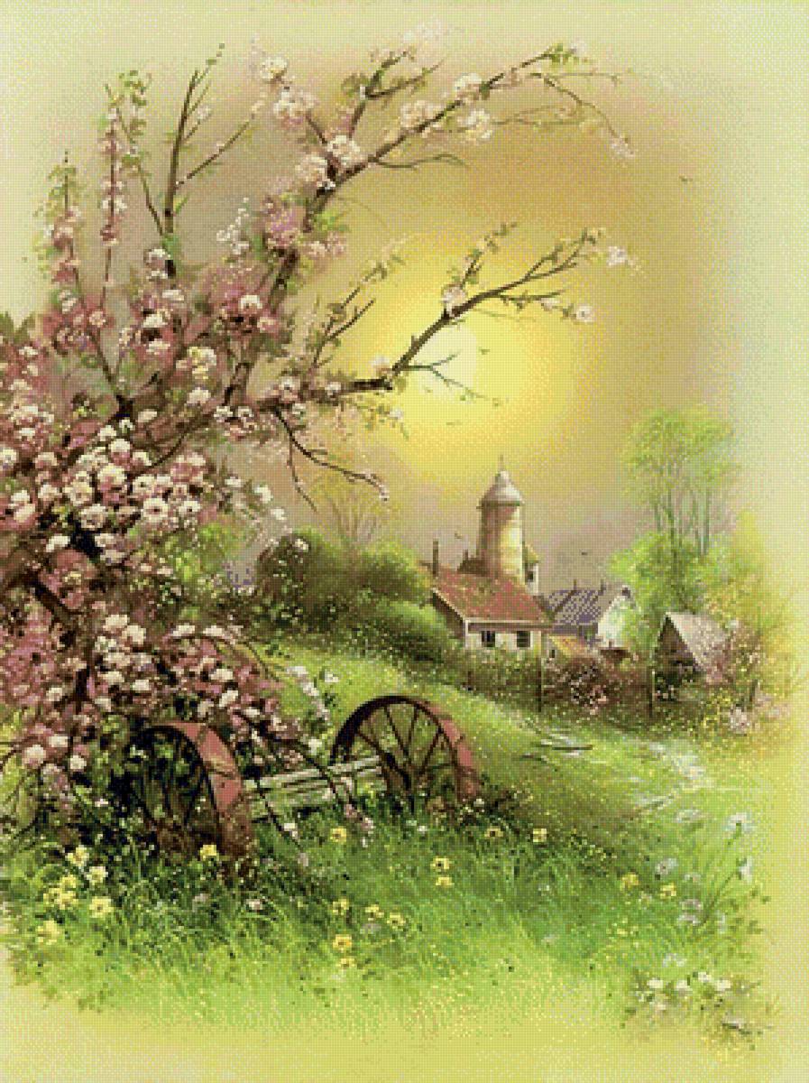 Пейзаж - пейзаж, цвет, весна, домик, природа, цветение - предпросмотр