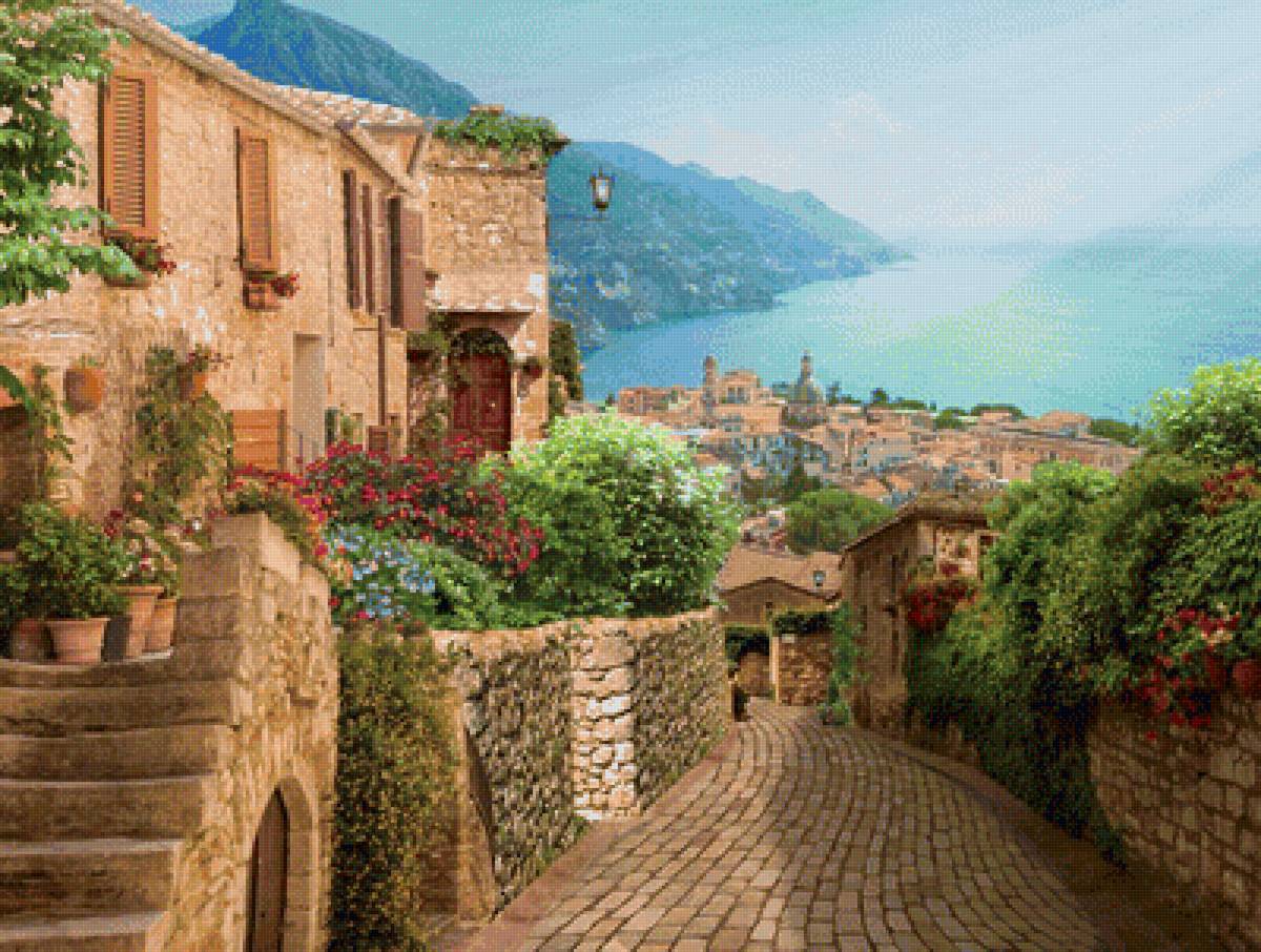 Город у моря - город, лето, море, домики, горы, пейзаж - предпросмотр