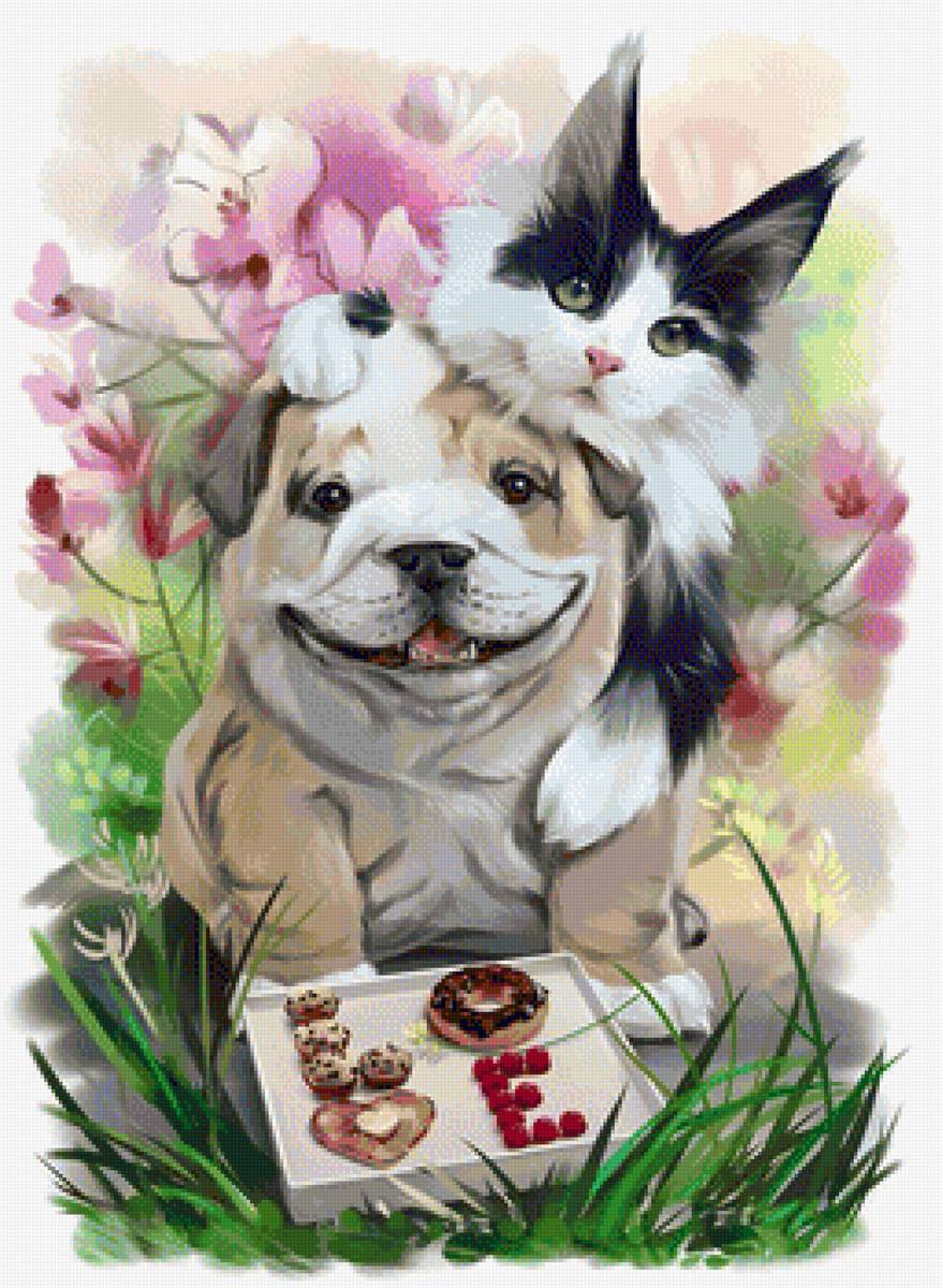 Друзья - животные, кот, котик, рисунок, собака - предпросмотр