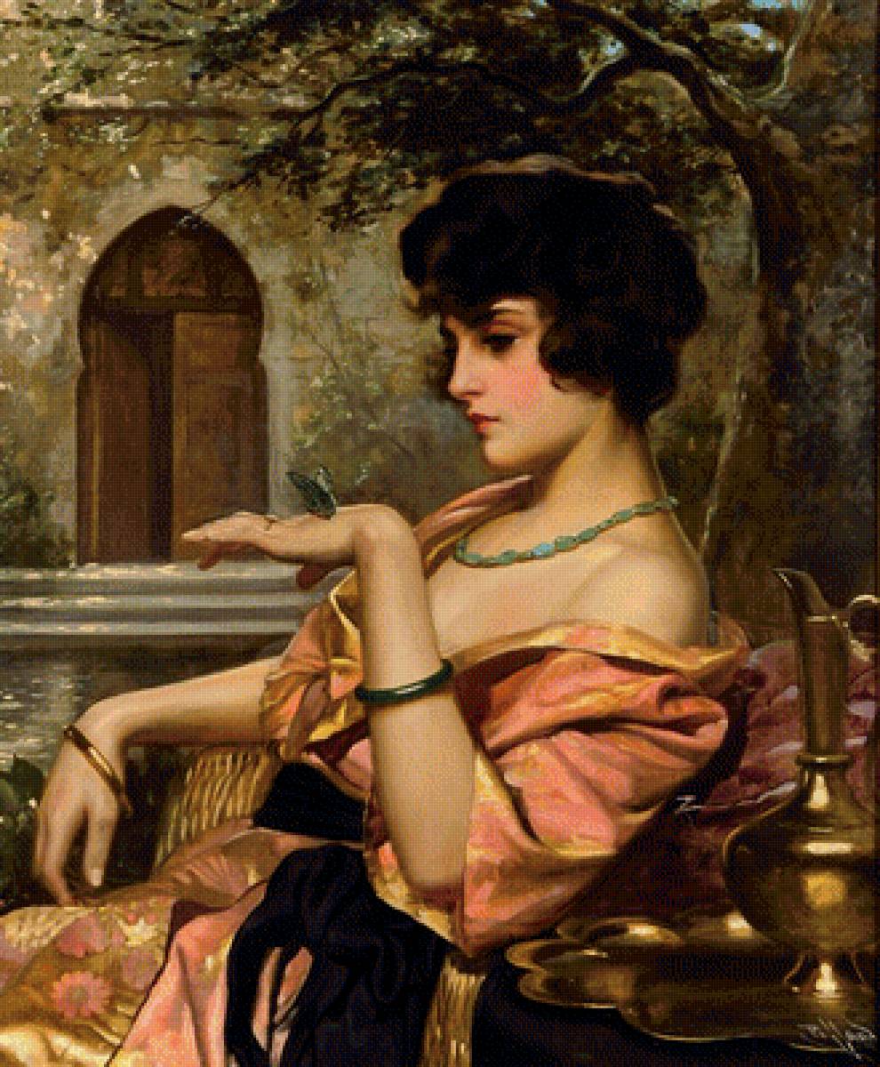 Девушка с бабочкой. Худ.  Гарольд Пиффард - ваза, дворик, девушка, бабочка, сад - предпросмотр