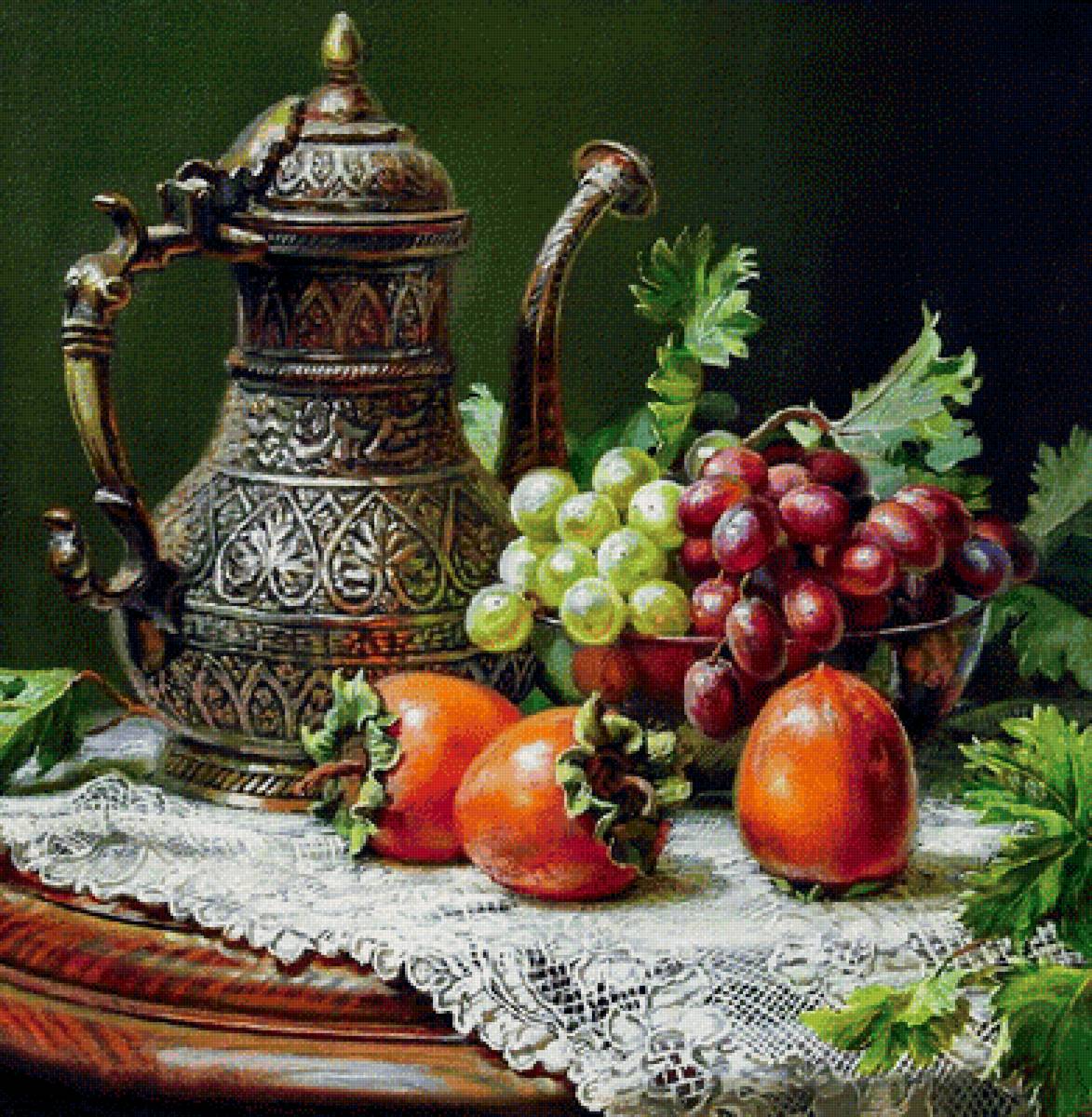 Натюрморт с кувшином.  Худ.  Энн Мортон - кувшин, хурма, виноград, натюрморт - предпросмотр