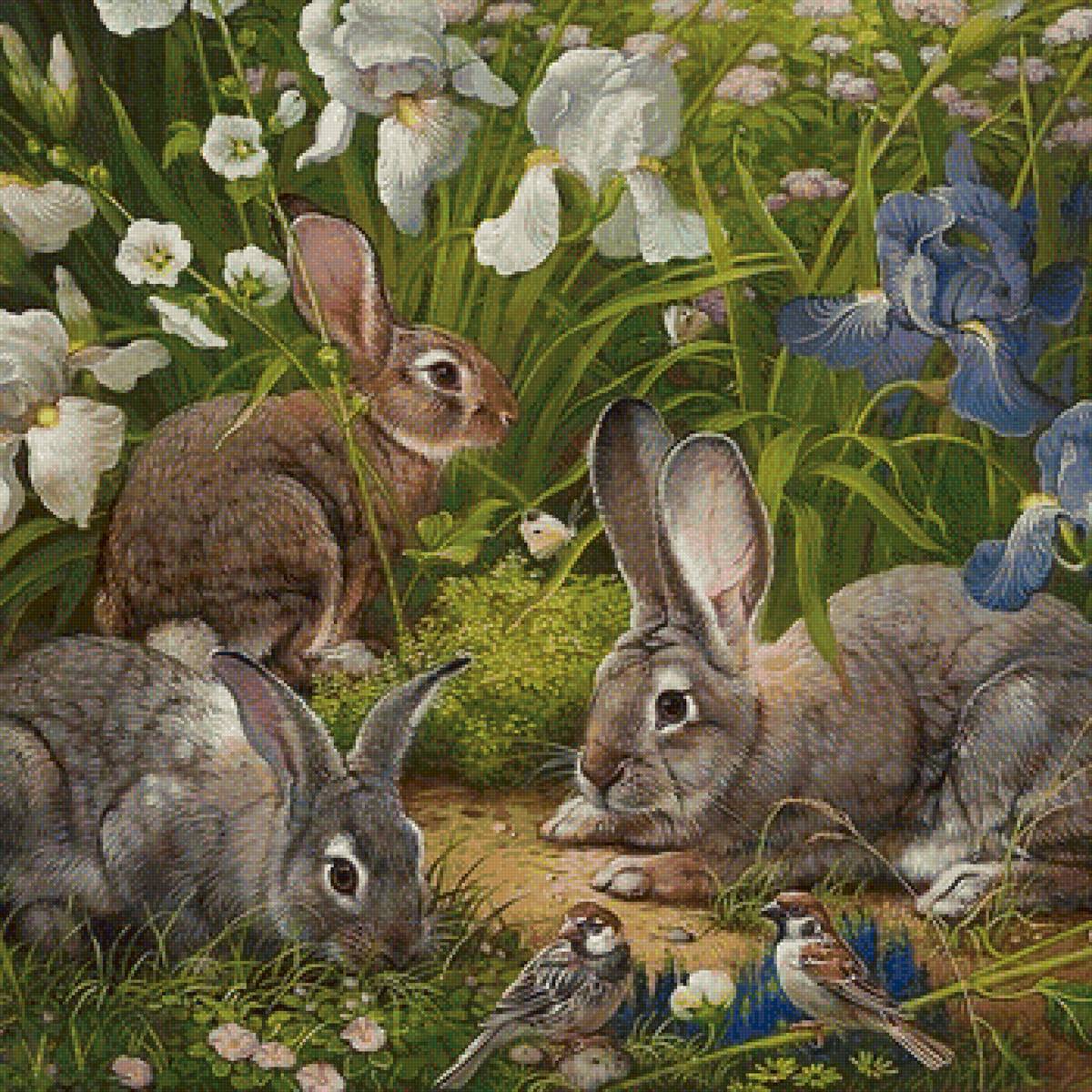 Кролики - цветы, воробьи, рисунок, животные, кролики, птички, кролик - предпросмотр