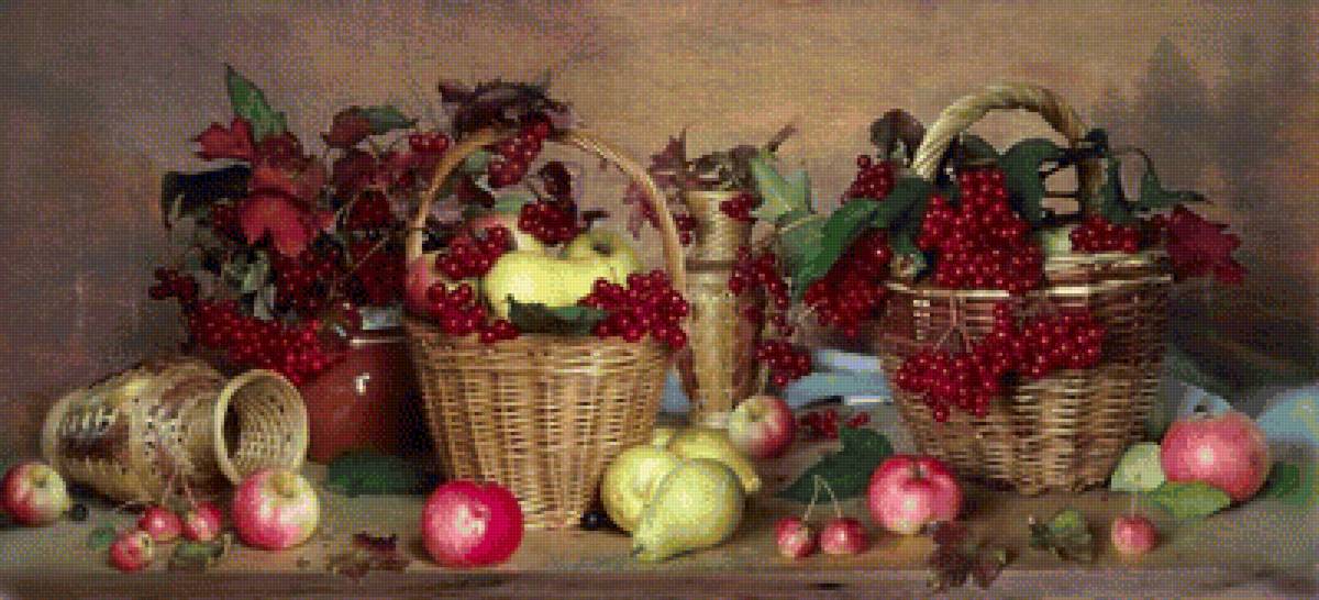 натюрморт - картина, цветы, букет, фрукты - предпросмотр