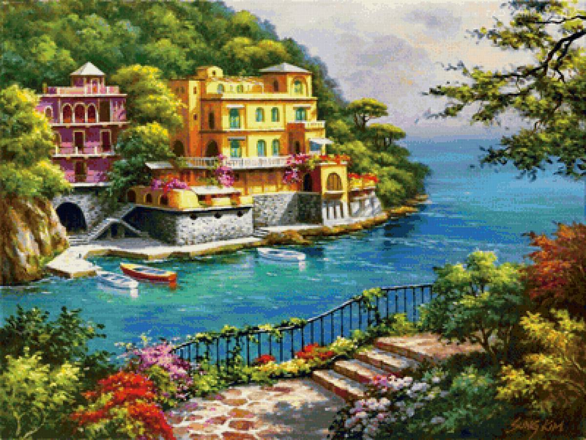 На побережье - дома, берег, море, лодки - предпросмотр