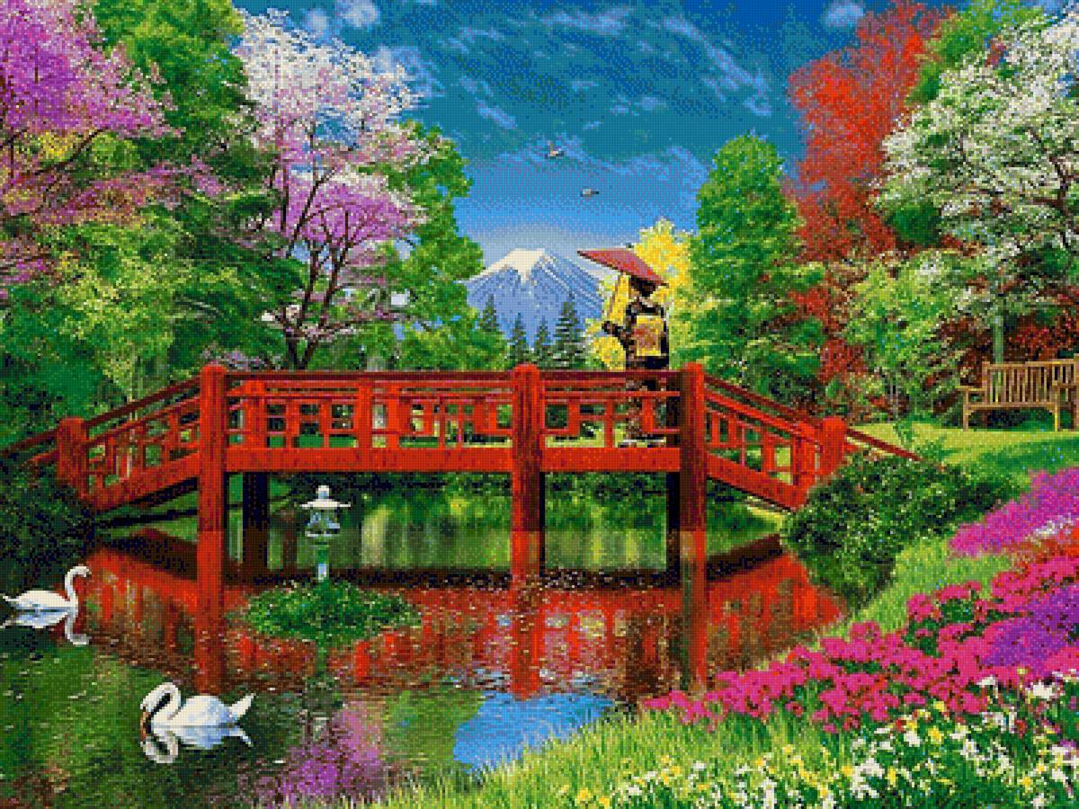 Летний пейзаж - пруд, пейзаж, лебеди, мост, цветы, природа, лето, горы - предпросмотр