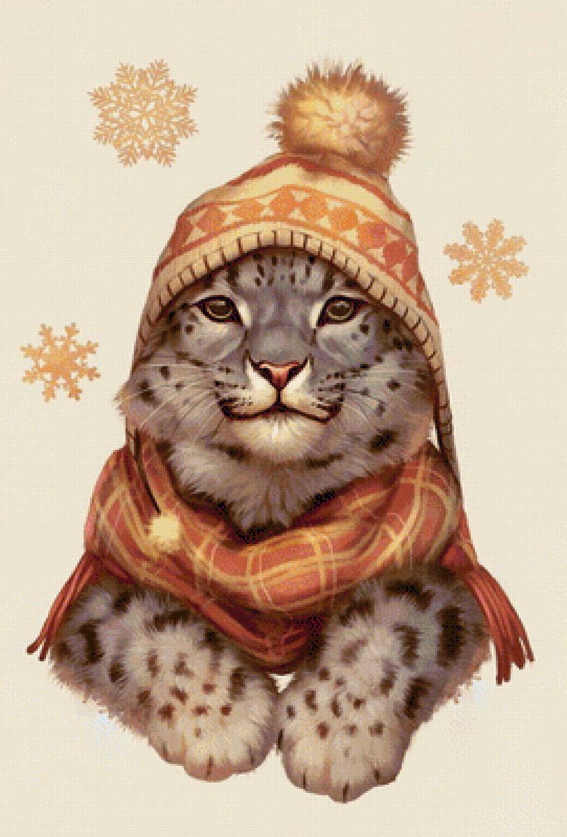 Ирбис в шапочке - снежный барс, ирбис, леопард, снежинки, рисунок, животные - предпросмотр