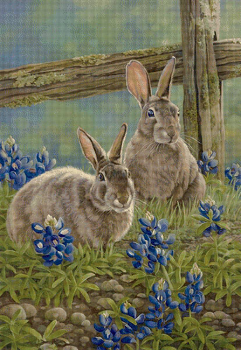Кролики - кролик, цветы, животные, рисунок, кролики - предпросмотр