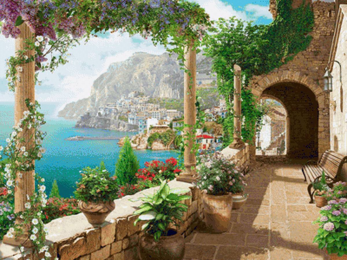 Город у моря - море, арка, лето, природа, цветы, город, горы, пейзаж - предпросмотр