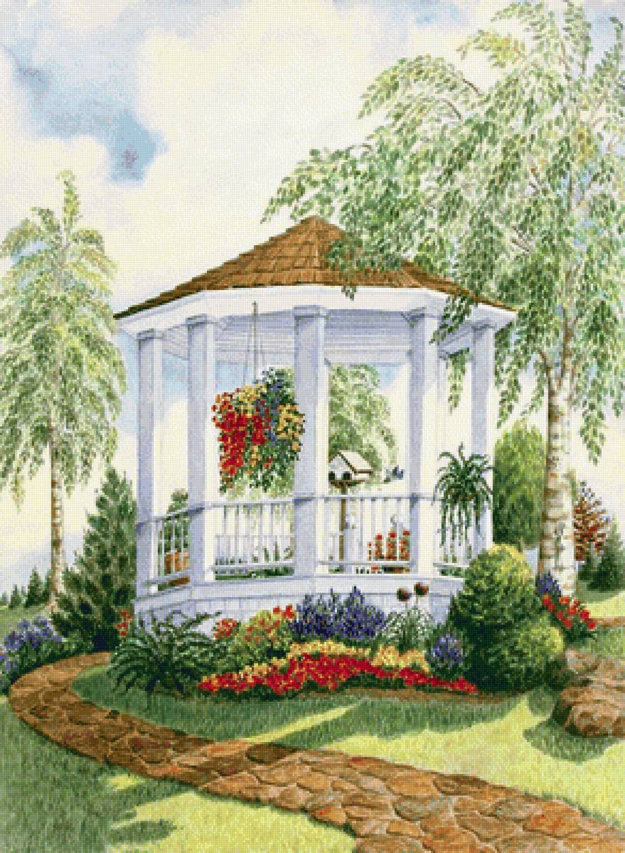 Беседка - лето, цветы, пейзаж - предпросмотр