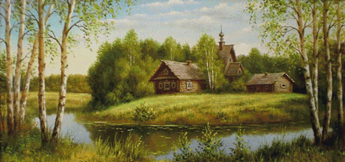 Лесной скит - избушка, лето, березы, река, лес - предпросмотр