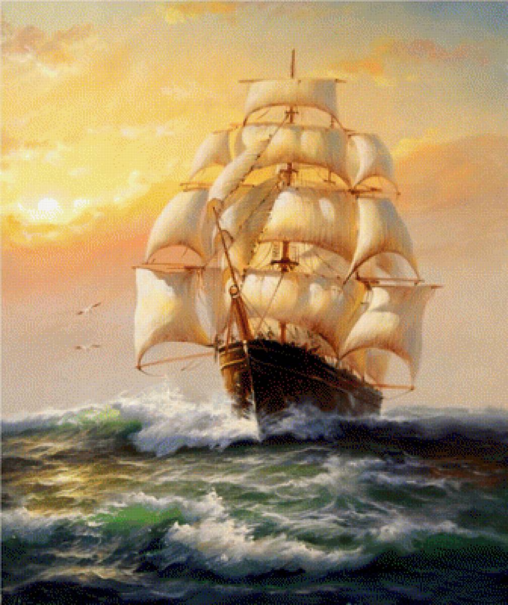 море, парусник, чайки - парусник, море, чайки - предпросмотр