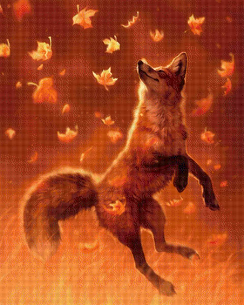 Лиса - лисичка, животные, листья, лиса, рисунок - предпросмотр