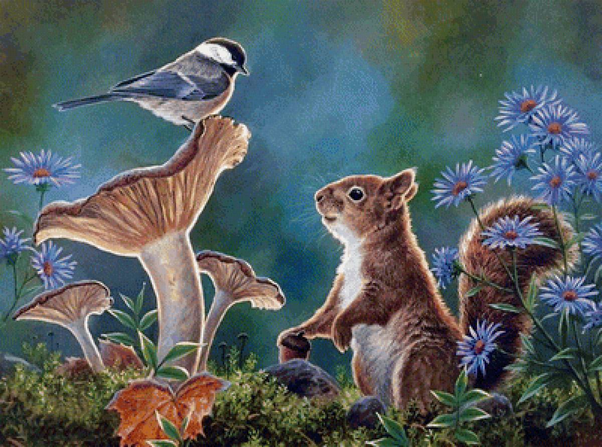 Лесные сплетницы / большая/ - птичка, лес, лето, белка, гриб - предпросмотр