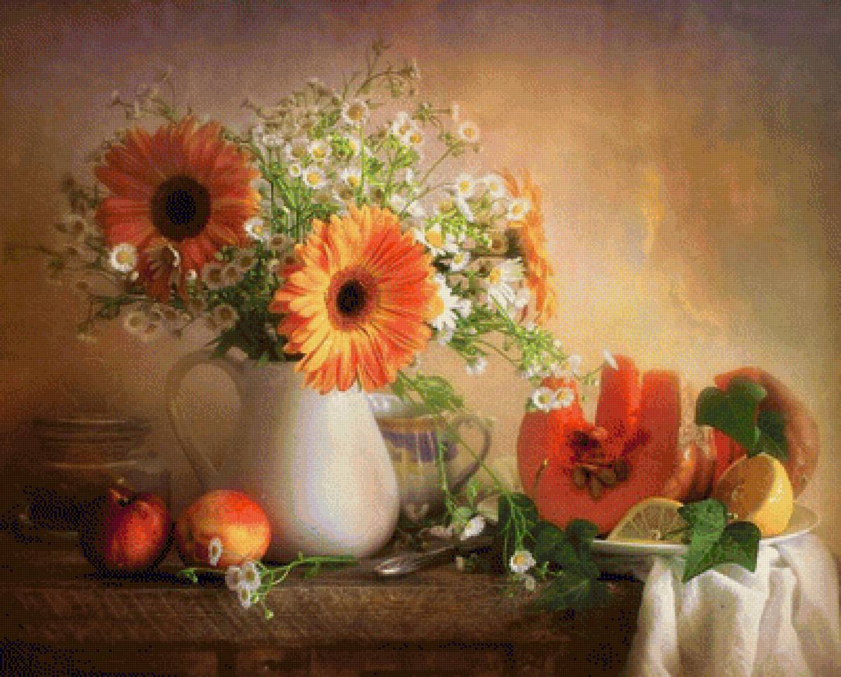 Натюрморт - ромашки, цветы, фрукты, натюрморт, букет, лимон, тыква - предпросмотр