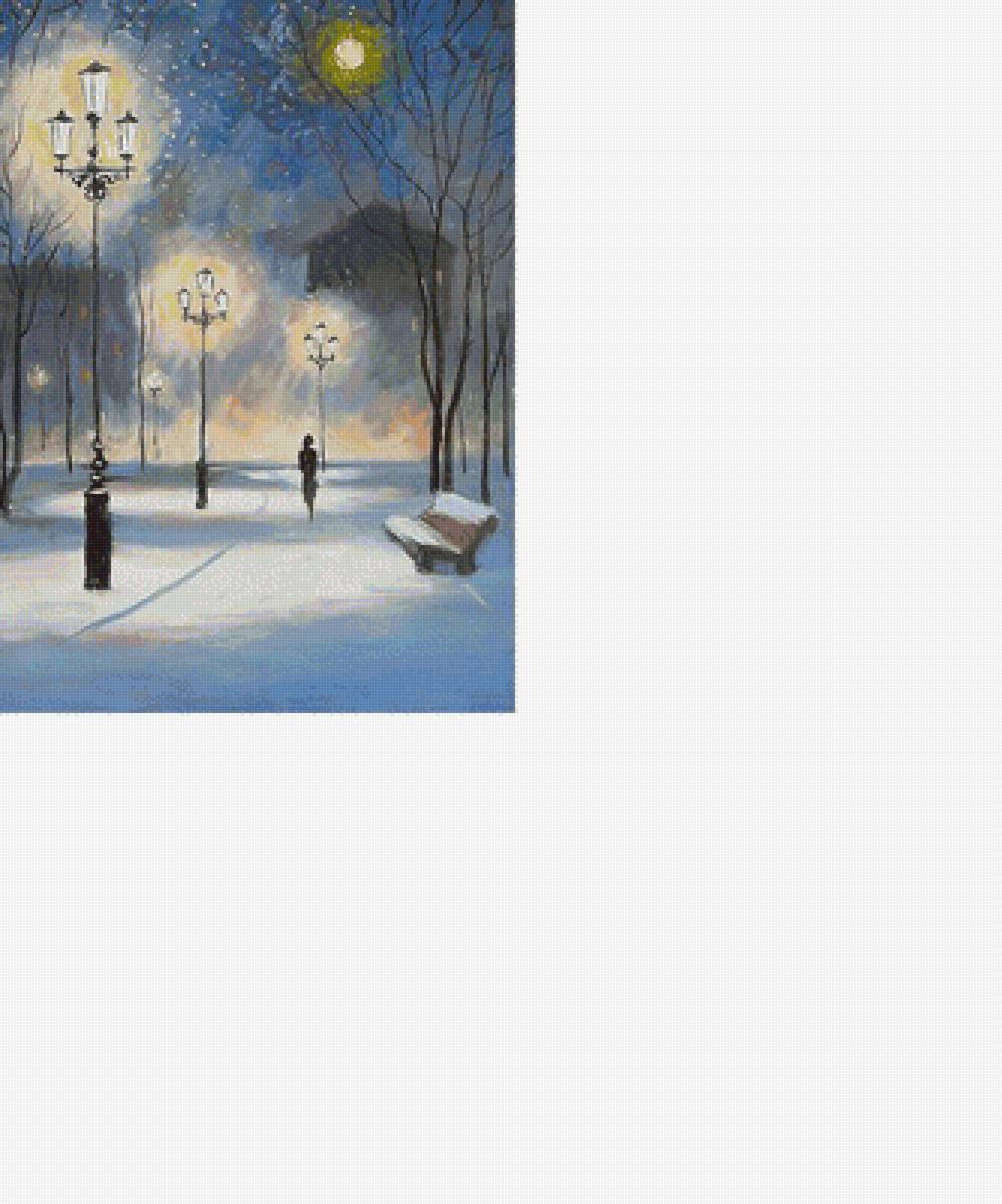 Прогулка в лунную ночь /размер 172 х 237 с хорошим качеством/ - скамейка, город, зима, фонари, девушка - предпросмотр