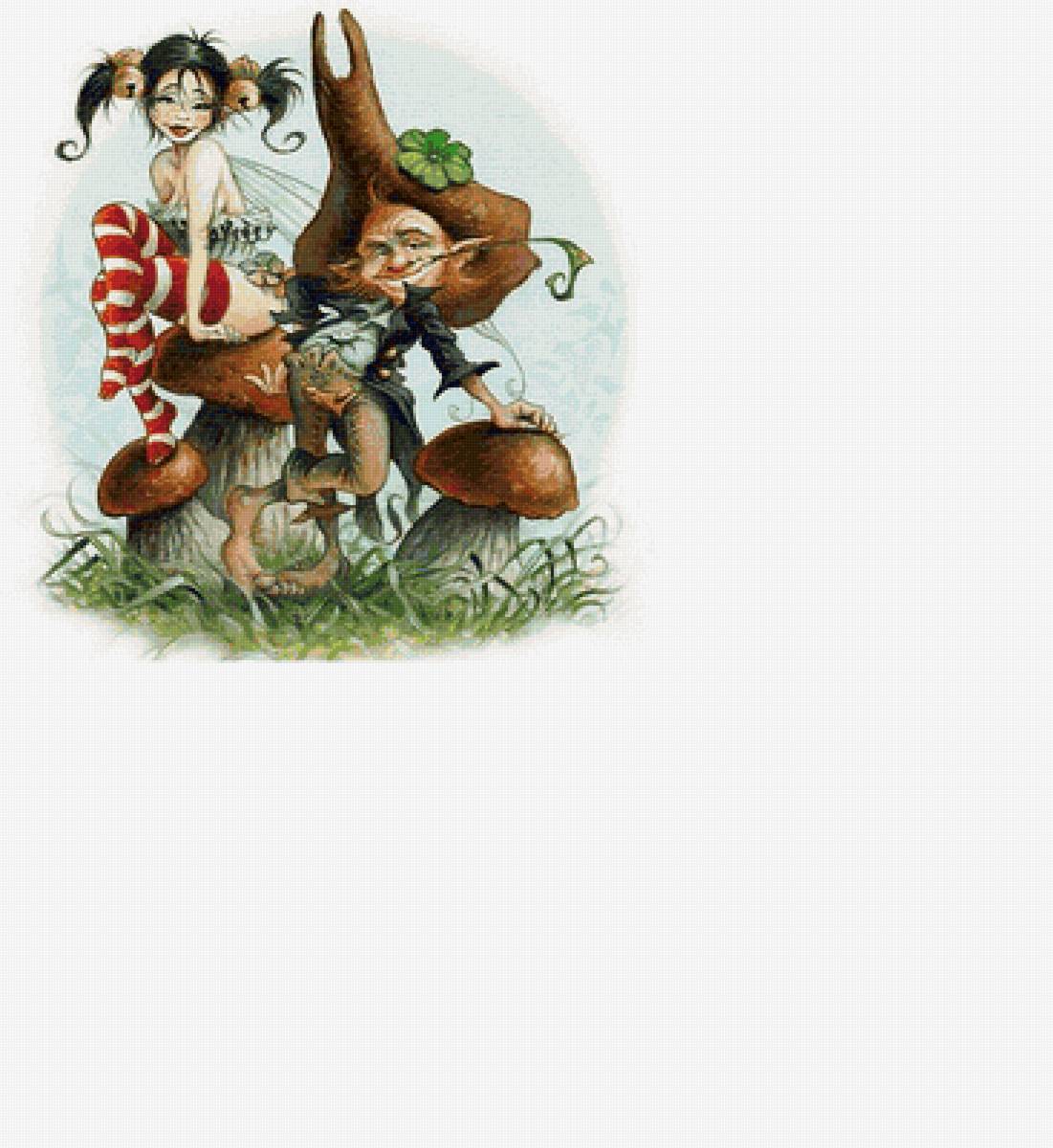 Пошалим? /размер 230 х 231 крест с хорошим качеством/ - гном, гриб, девушка, сказка - предпросмотр