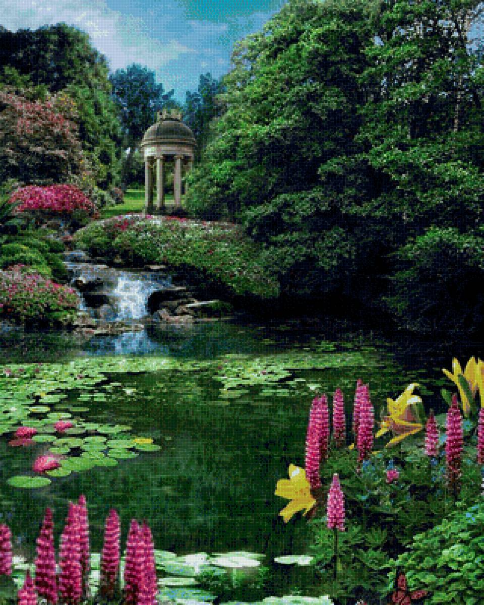 Пейзаж - природа, цветы, пруд, пейзаж, лето, беседка - предпросмотр