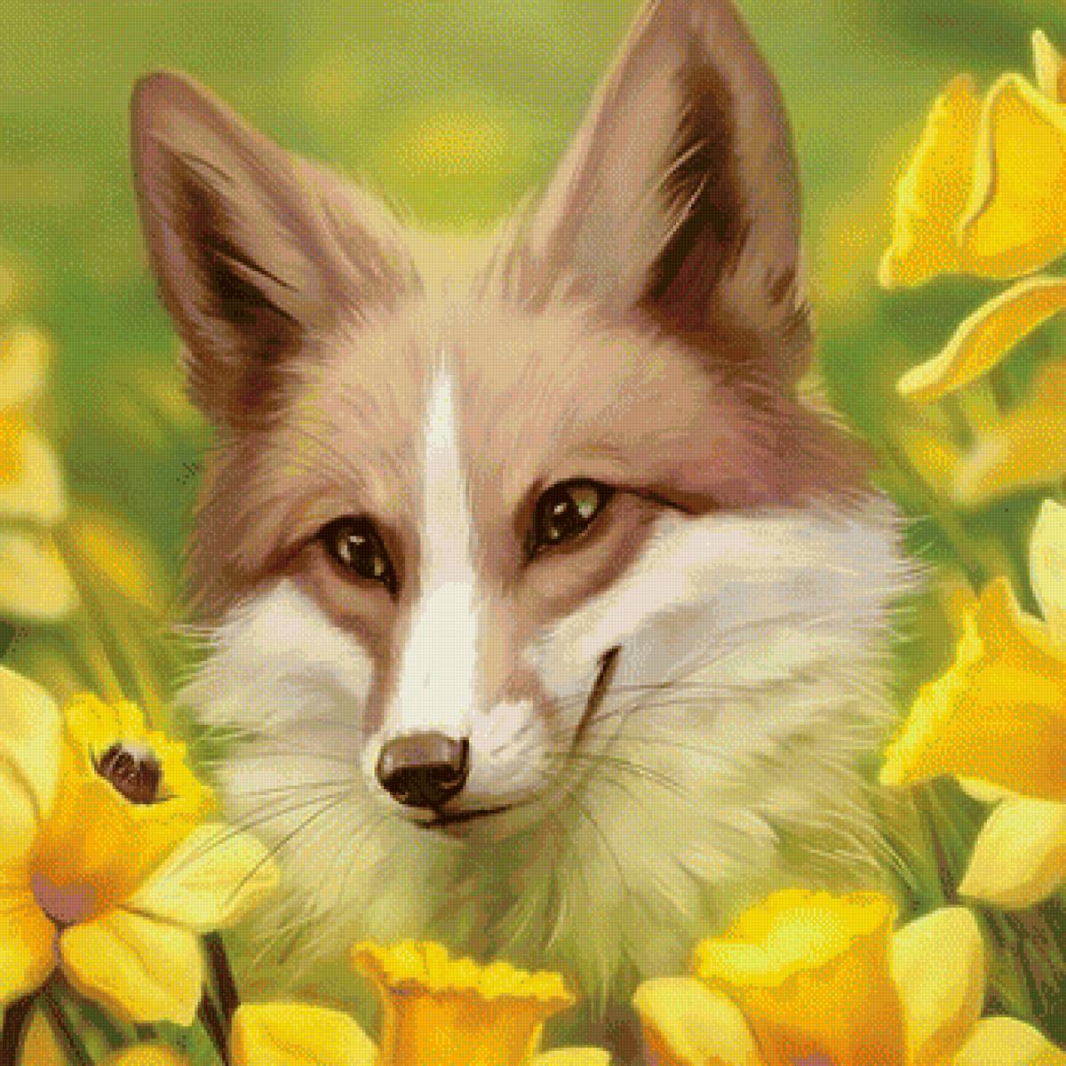 Лисичка в цветах - цветы, животные, лисичка, рисунок, лиса - предпросмотр