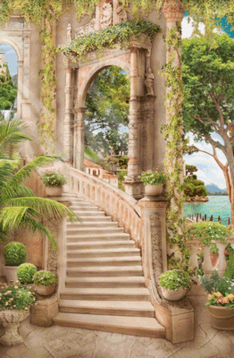 У моря - город, лето, пейзаж, море, цветы, лестница, природа - предпросмотр