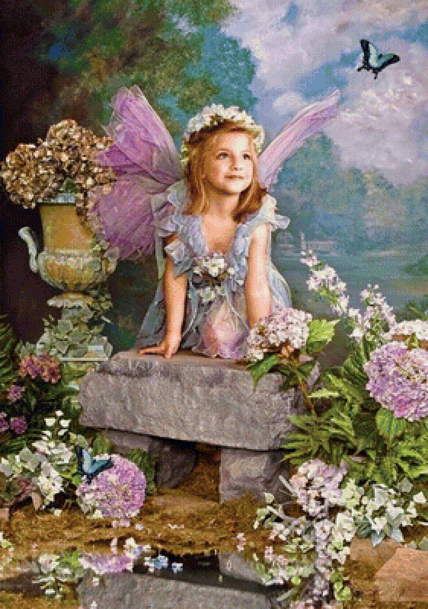 Девочка в саду - цветы, девочка, бабочки, сад - предпросмотр