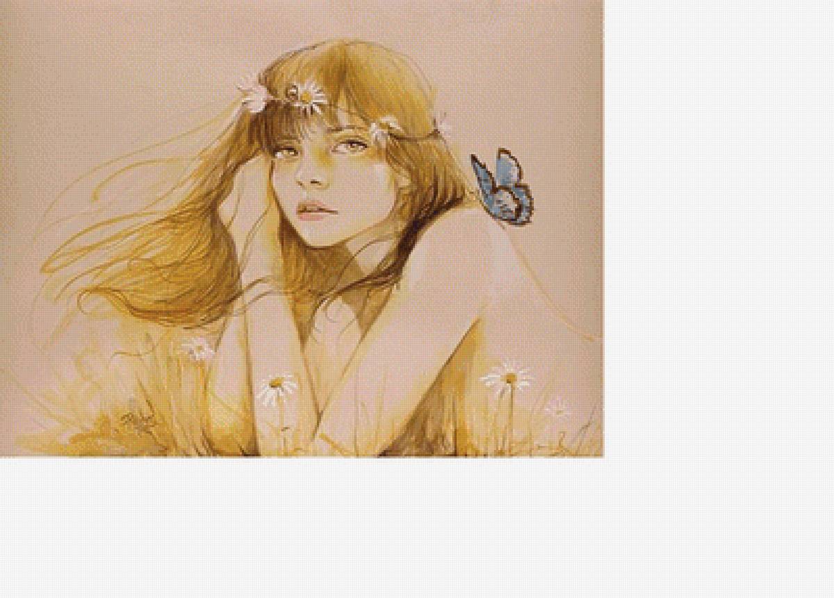 Олеся /размер изображения 290 х 220 крест/ - бабочка, ромашки, девочка - предпросмотр