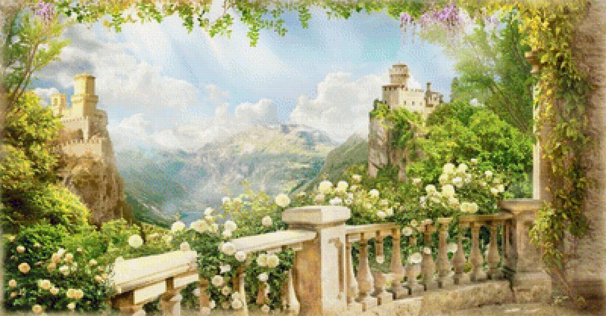 Пейзаж - замок, терраса, пейзаж, цветы, природа, лето, горы - предпросмотр