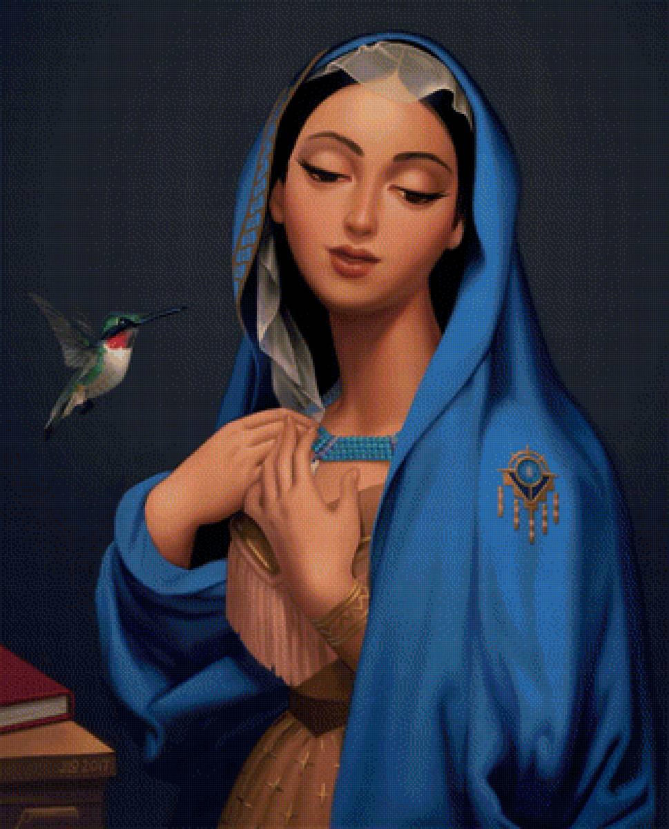 Девушка и колибри - колибри, птичка, портрет, девушка, рисунок - предпросмотр