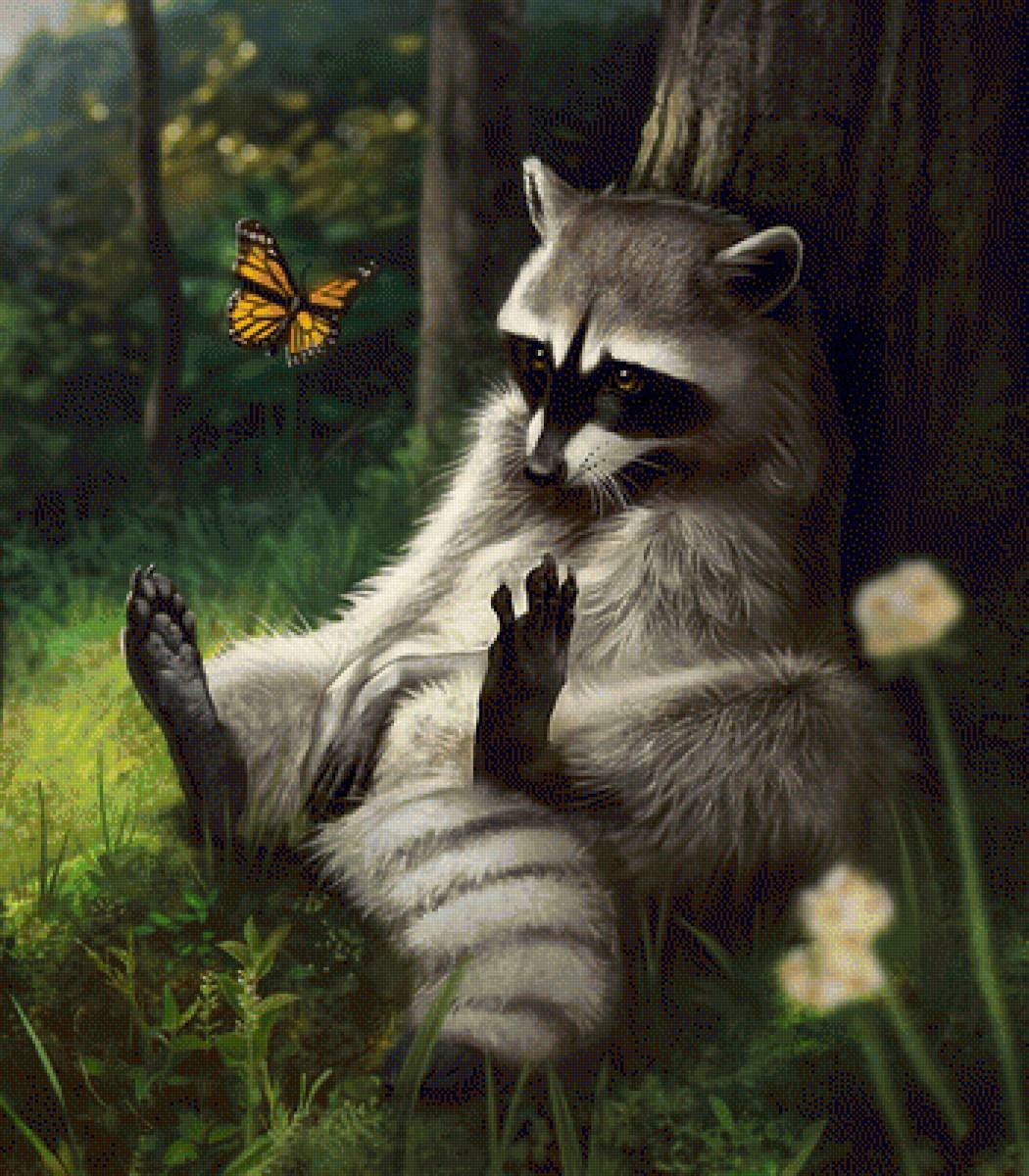 Енот и бабочка - енот, рисунок, природа, лес, животные, бабочка - предпросмотр