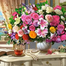 Схема вышивки «Букет у окна»