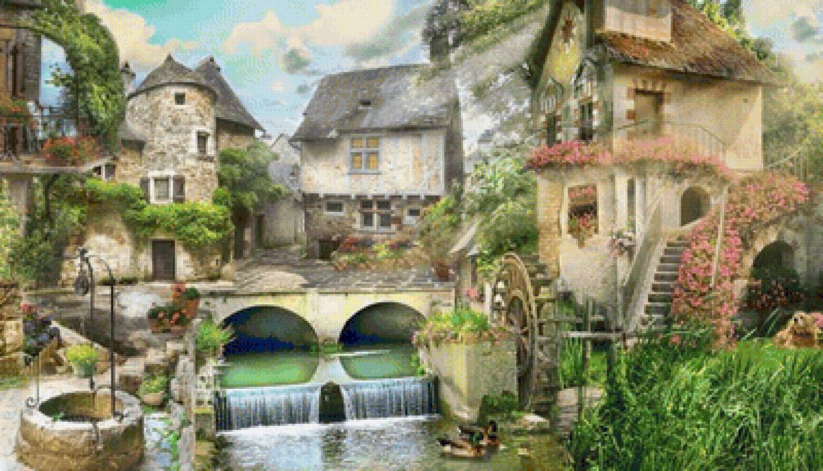 Пейзаж - пейзаж, лето, утки, птицы, домики, дом, цветы - предпросмотр