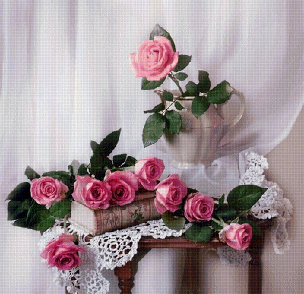 Розы - натюрморт, букет, цветы, книга, розы - предпросмотр