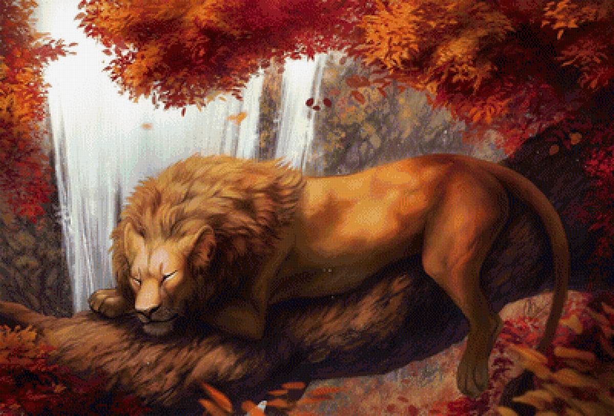 Лев у водопада - животные, природа, рисунок, водопад, лев, осень - предпросмотр