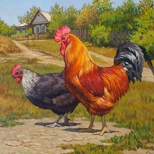 Схема вышивки «Петух и курица. худ. Е.Сучкова»